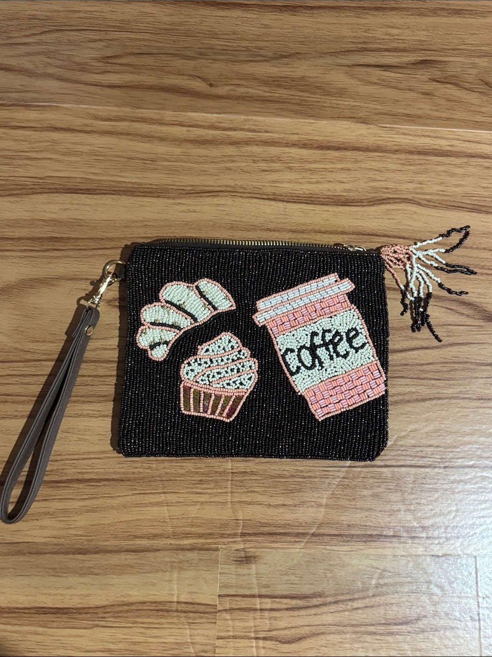 Sincerely Jules Black Beaded Wristlet with Pink & Cream Coffee Motifs